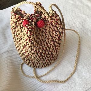 Raffia Straw Bucket bag cross body in natural with red accent New